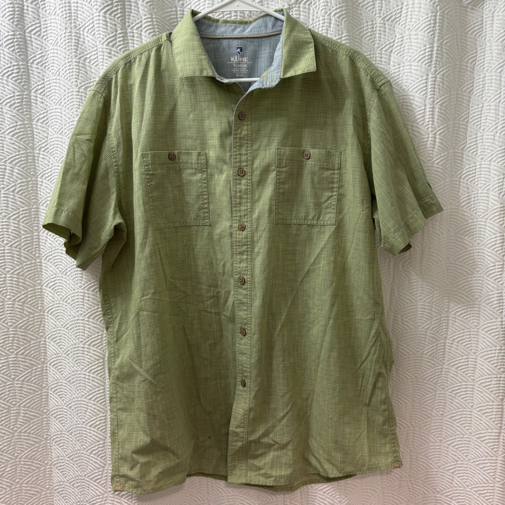 KUHL Mens XLARGE Green Stripe Short Sleeve Button Up Shirt Born in the Mountains